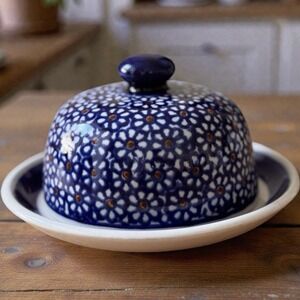 Polish Pottery Blue Covered Dish 5.5" Daisy Dreams Hand Painted Boleslawiec